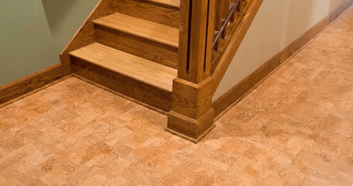 End of a staircase with cork flooring in Staten Island, NY