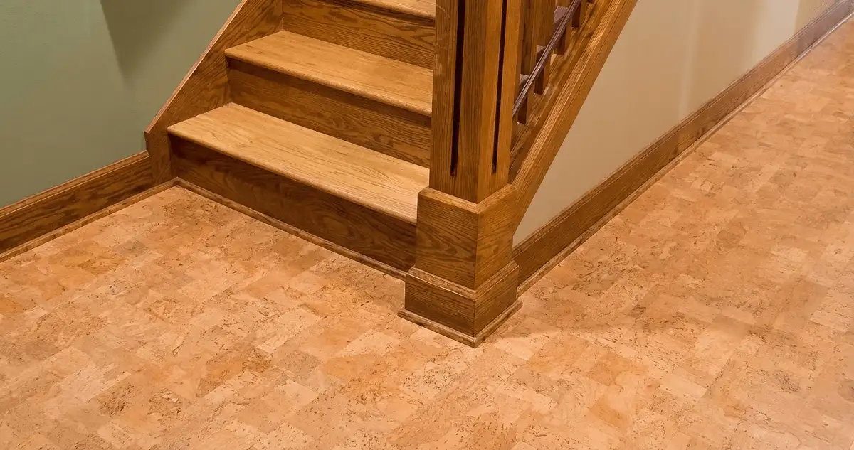 End of a staircase with cork flooring in Staten Island, NY