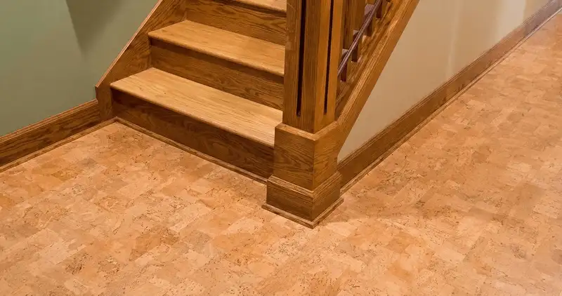 End of a staircase with cork flooring in Staten Island, NY