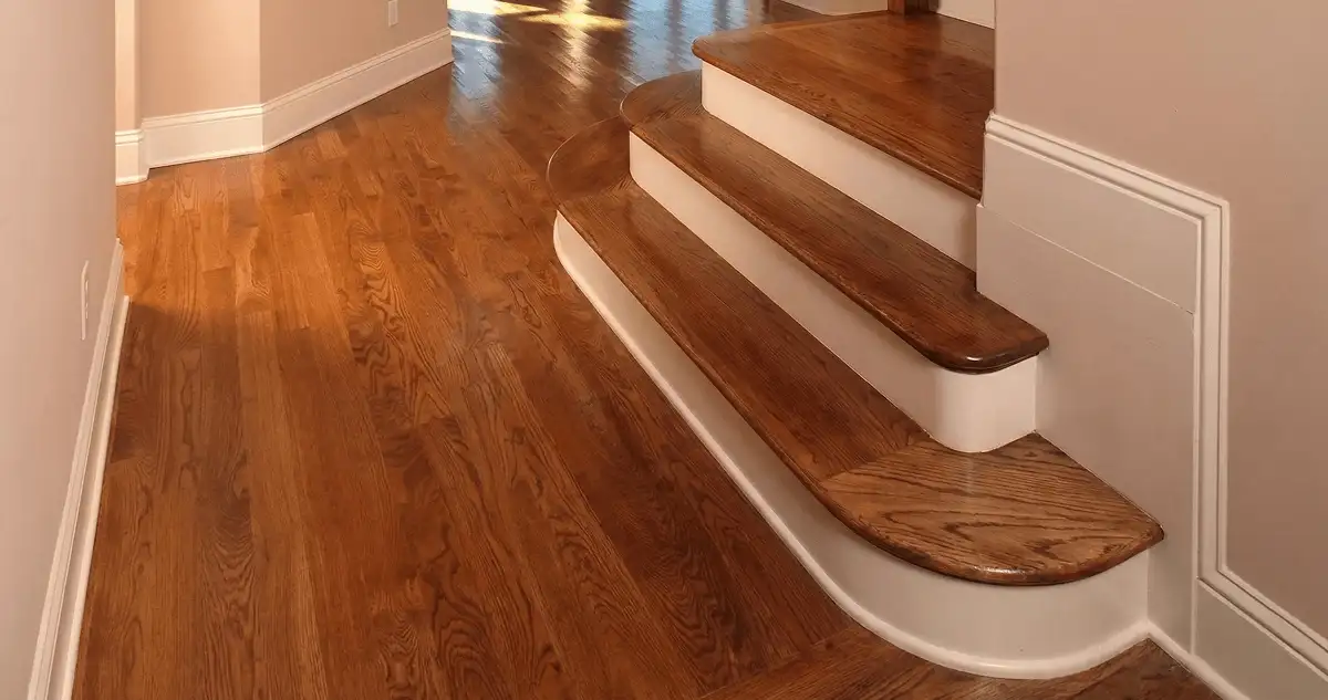 Base floor of a staircase with professionally restored wood flooring in Staten Island NY
