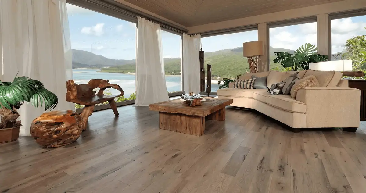 Professionally installed vinyl flooring in a modern living room with large windows in Staten Island, NY