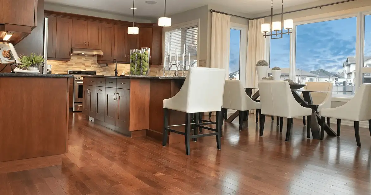 A modern kitchen with professionally installed wood flooring in Staten Island, NY